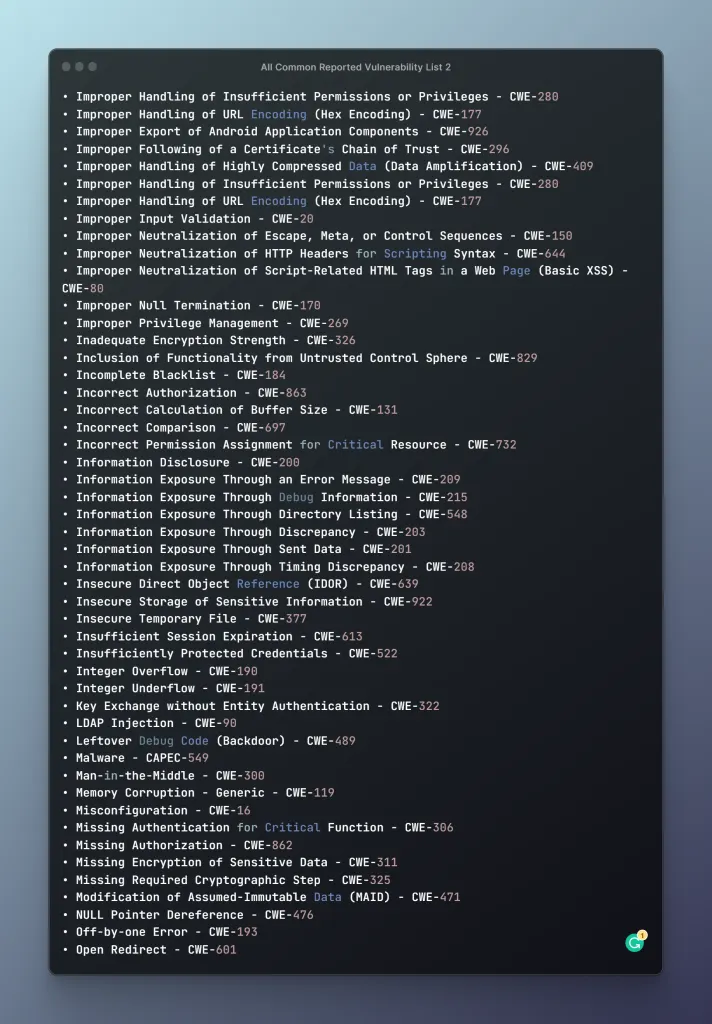 All Commonly Reported Vulnerability List 2